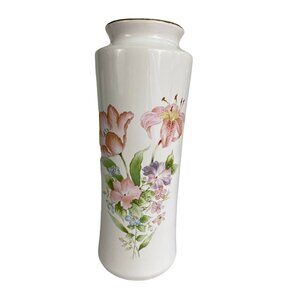 Vintage Vase Gold Rim Floral Pink‎ Purple White Background Action Japan 11” Tall